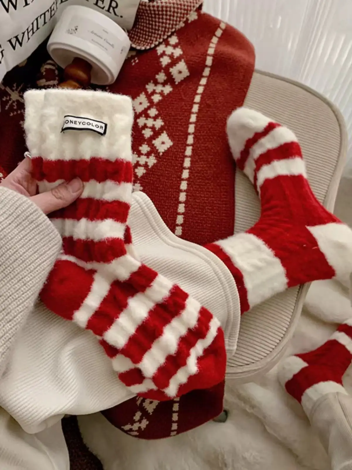 Осень/зима, красные теплые женские длинные чулки длиной до пола, мягкие и удобные, школьный сезон, Рождество, Новый год