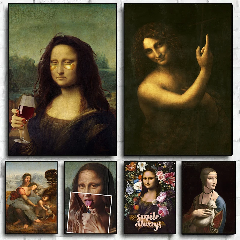 (No frame)Leonardo Da Vinci Famous Painting Mona Lisa John The Baptist Canvas Painting Funny Portrait Wall Art Poster Prints