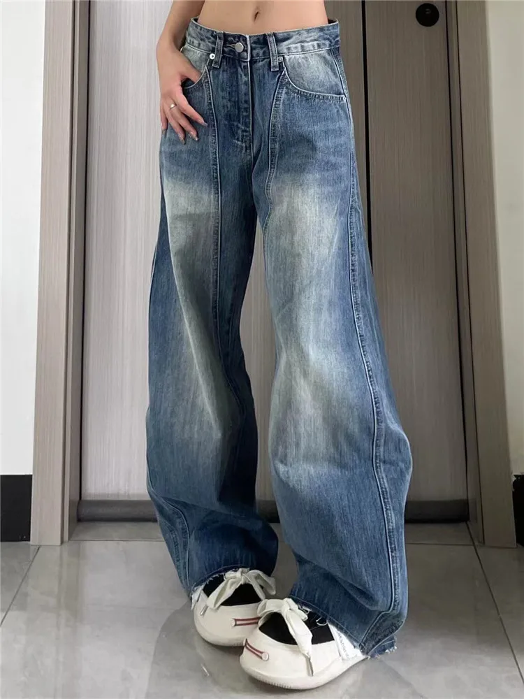 

High Waist Extended Scythe Denim Jeans Women's Spring Autumn Slimming American Retro Blue Frayed Banana Bend Knife Pants