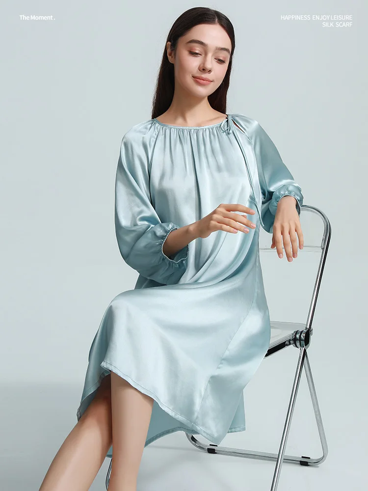 

19 мм 100% шелковый шелк, женская сорочка для отдыха, ночная рубашка миди, ночная рубашка с круглым вырезом и длинными рукавами, свободная ночная рубашка с галстуком-бабочкой, ночное платье