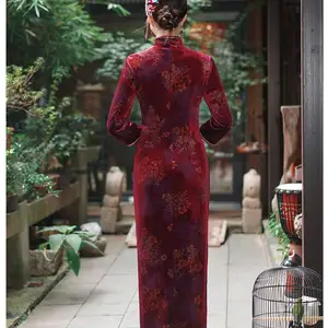 Frauen chinesischer Vintage Vintage Velvet -Kleid, Plus Größe, Marineblau, Langarm, Qipao, dünn, lang, Cheongsam, Winter, neu 10 Hauptverkaufskleid plus Größe Marine Blau - №7
