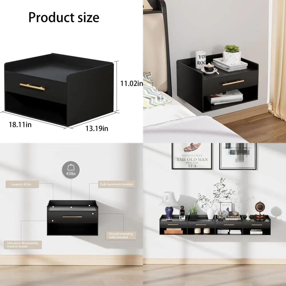 

Contemporary Bamboo Nightstand with Storage Drawer and Open Shelf, Perfect for Bedroom, Living Room, Kitchen, and Tool Room (Bla