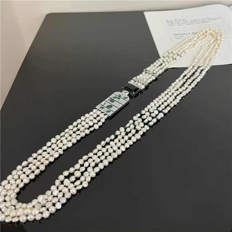 Jewelry Natural Pearl 32\'\'-35\'\' 4 Strands Natural White baroque Pearl With CZ Connector Necklace For Women