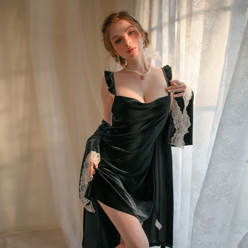 Winter Velvet Sexy Nightgown 2 Piece Fanstic Romantic Sleepwear Set  V-Neck Ladies Full Slip Nightdress With Robe Home Wear