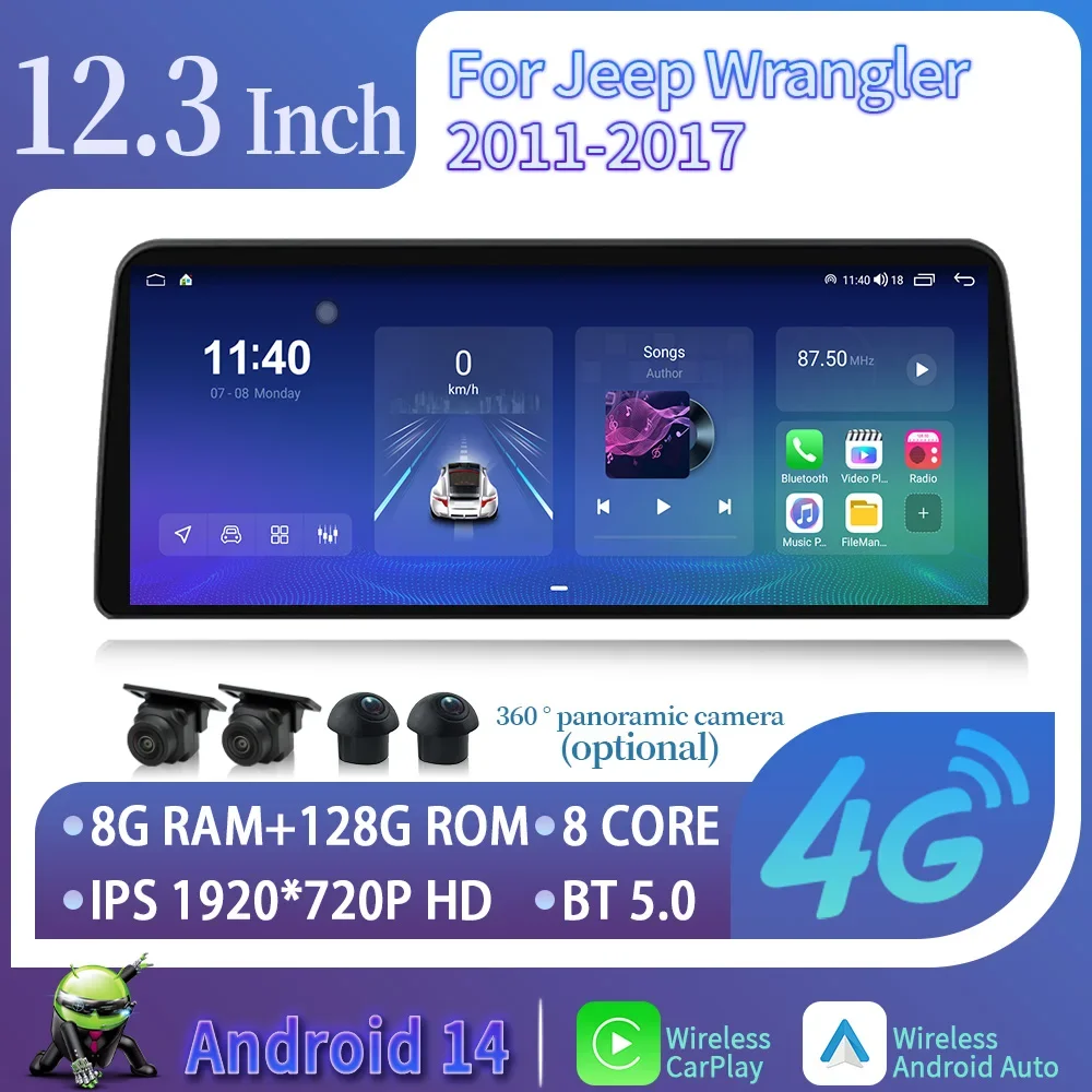 

Car Radio Stereo For Jeep Wrangler 2011-2017 12.3inch Android 14 Multimedia Navigation 4G GPS WIFI Wireless Carplay Touch Screen