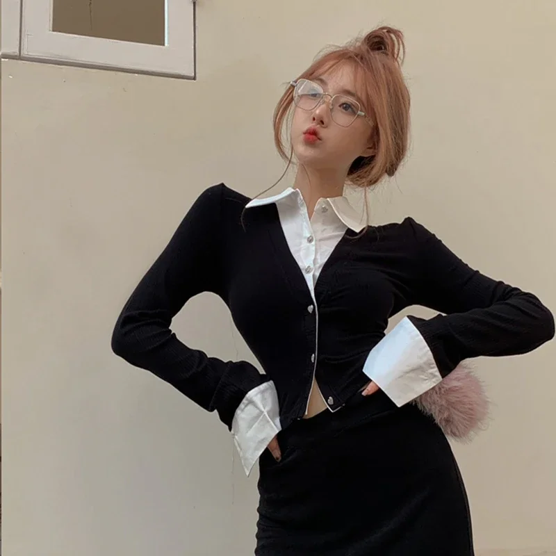 Falso due camicette per le donne tunica manica lunga top corto 2025 Blusas Mujer De Moda moda coreana sexy Y2k camicette camicie