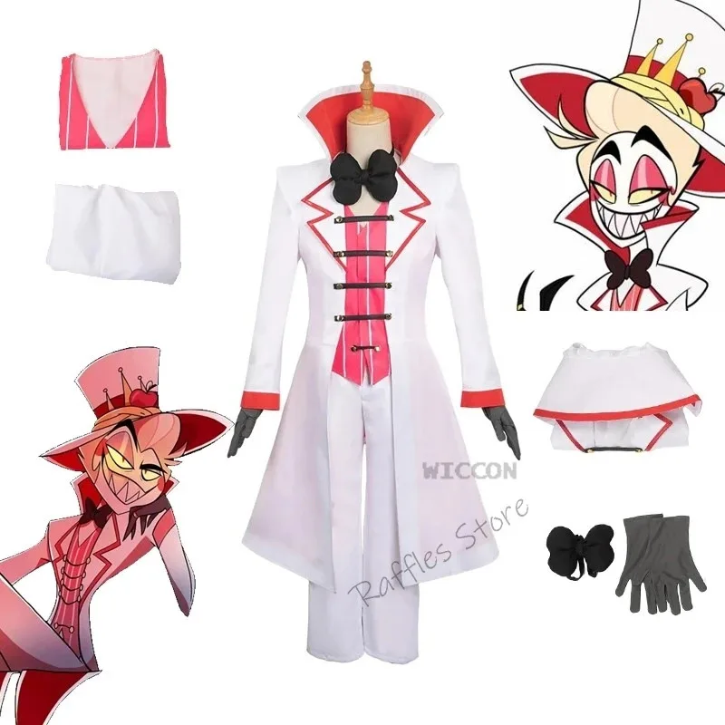 2025 New Anime Hazbin Lucifer Hotel Morningstar King Costume Wig Hat White Suit Cosplay Clothes Halloween Party Devil Su