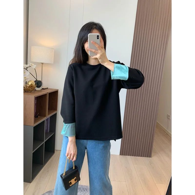 ブラック ルーズ ブラウス レディース コントラストカラー カフス 長袖 Oネック カジュアル トップス ファッション デイリー プルオーバー