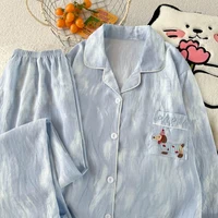 Spring and autumn pajamas for women, casual cardigan with reversible collar, long sleeves, long pants, home wear two-piece set. - Image 2