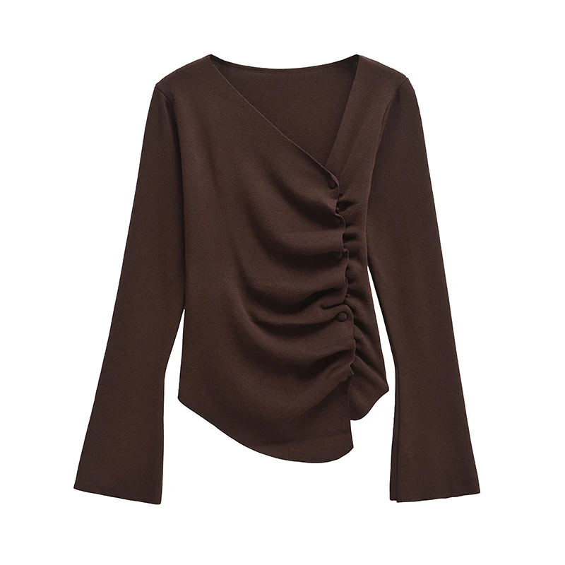 New Autumn Women Asymmetrical Ruched Knit Sweater Long Sleeve Slim Elegant Blue Brown Knitwear Tops