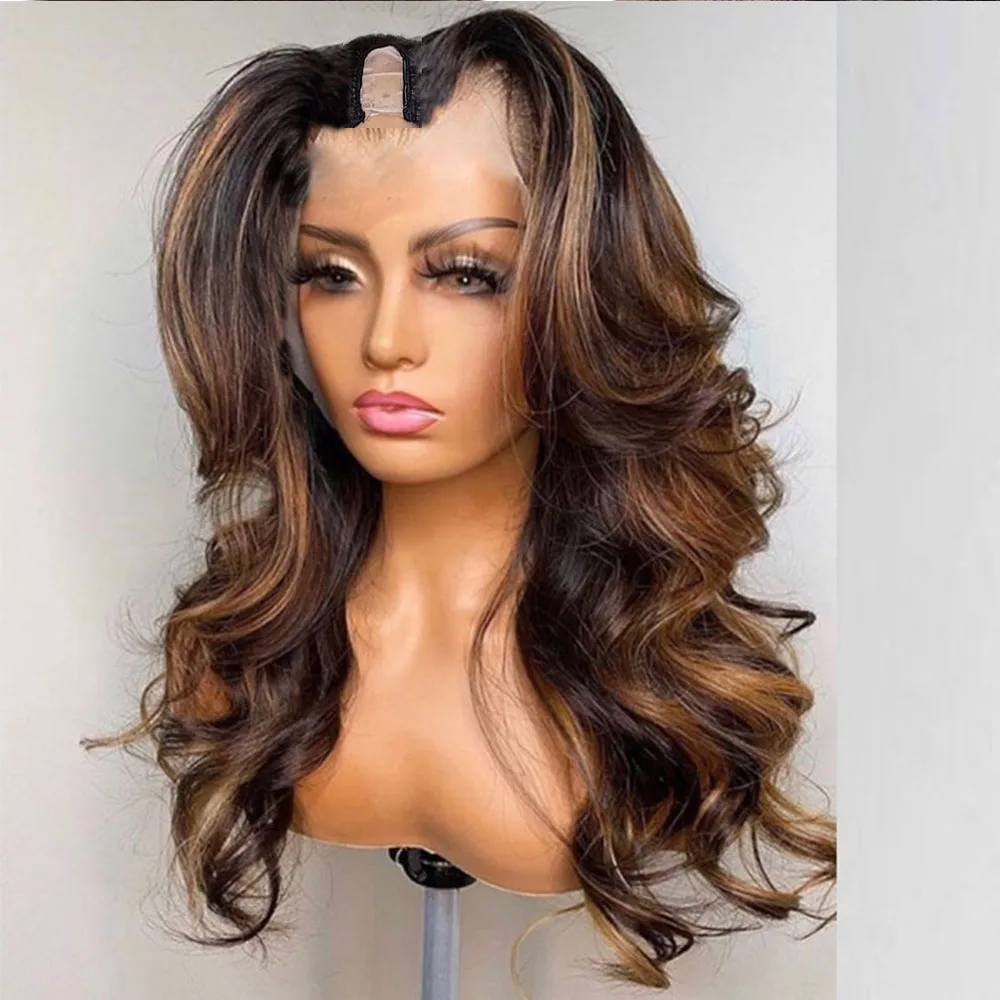 Wellige Highlight-Brustpartie-Perücke aus blondem Echthaar für schwarze Frauen, einfach zu tragen, klebefrei, goldbraun, kastanienbraun, U-Part-Perücken, natürliches Haar – Detail 1