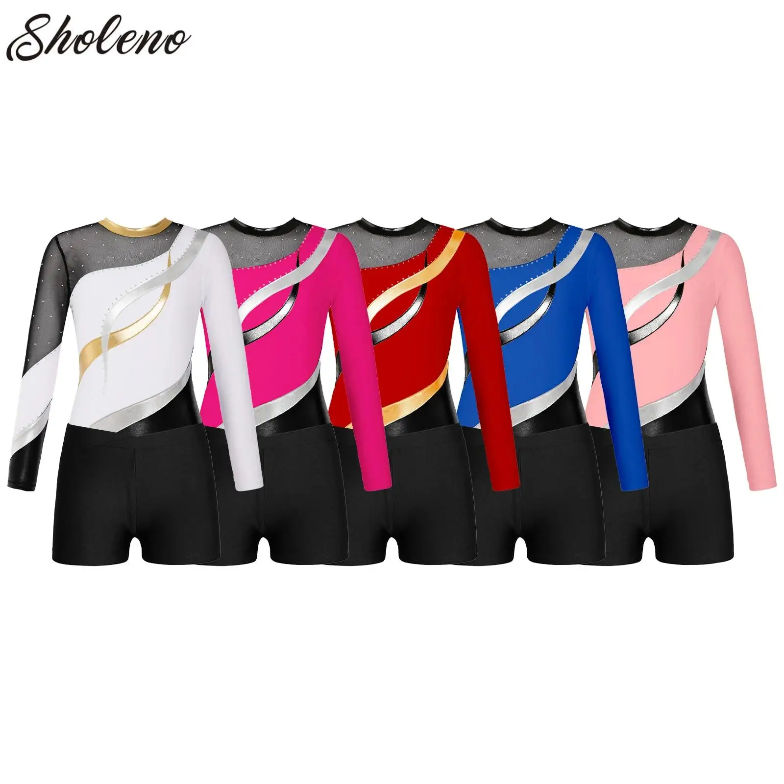 

Children Shiny Rhinestone Figure Ice Skating Bodysuit Long Sleeve Gymnastics Jumpsuit Dancewear Kids Girls Ballet Dance Leotard