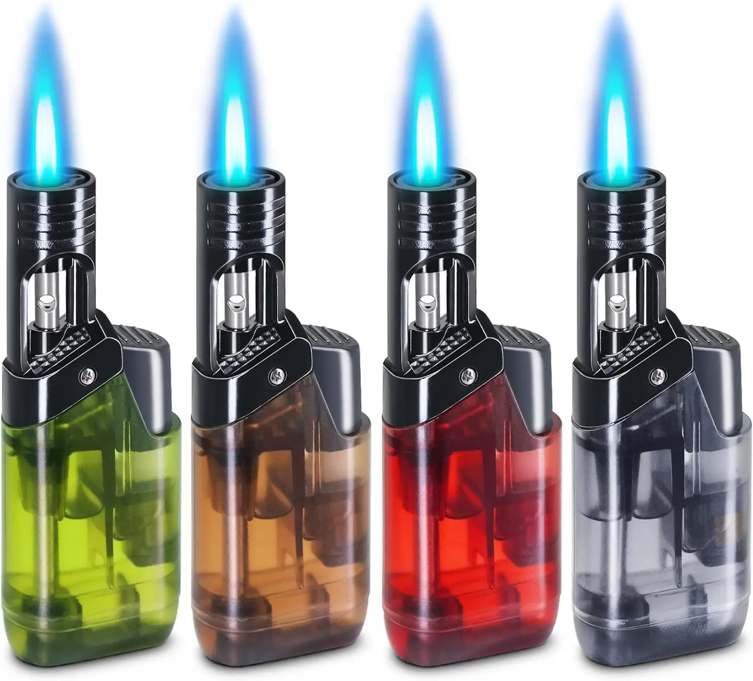 

Набор из 4 многоразовых бутановых зажигалок с турбопламенем для кемпинга, барбекю и розжига свечей, в ассортименте цветов