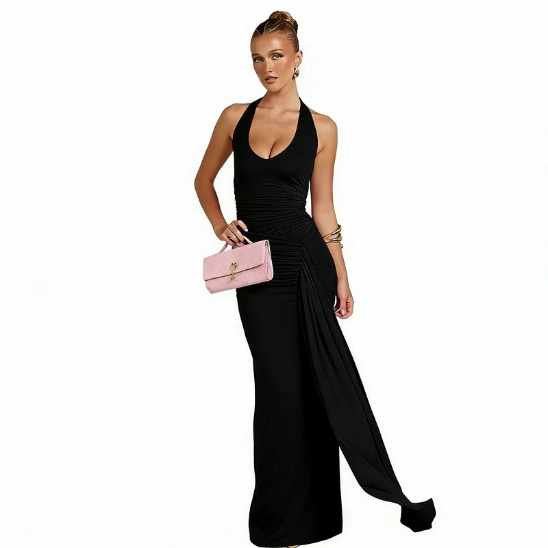 EINY Sexy Backless High Slit Halter Women Maxi Dress Pink Sleeveless U-neck Dress Spring Slim Elegant Party Evening Dresses y2k