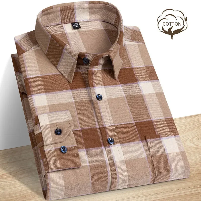 Classic Casual Shirts for Men, Pure Cotton Plaid Shirt with Long Sleeves, Regular Fit Oversized Leisure Autumn Male Blouse 38-44