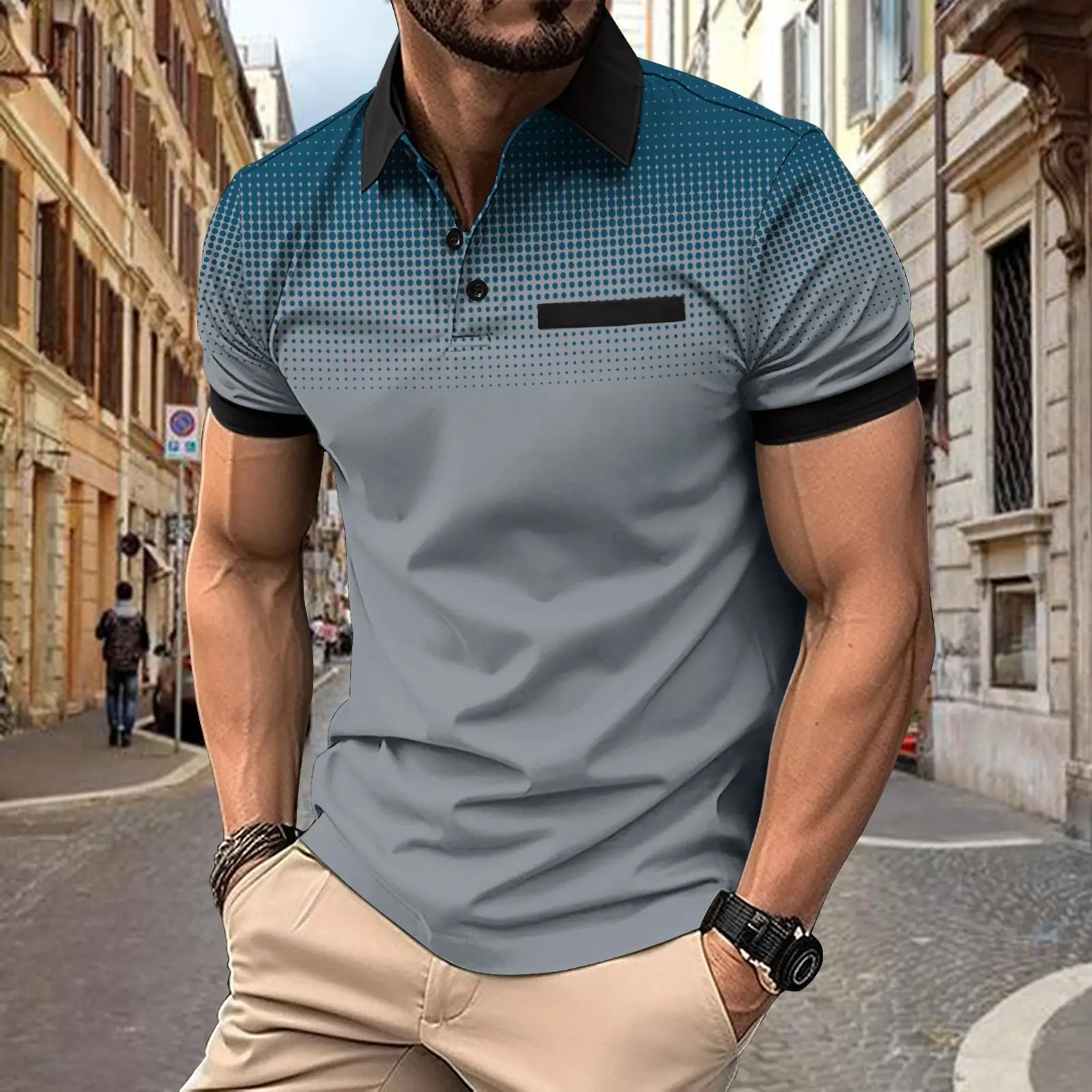 

New muscle slim men's lapel short sleeve summer print polka dot POLO men's Sport Fitness polo top