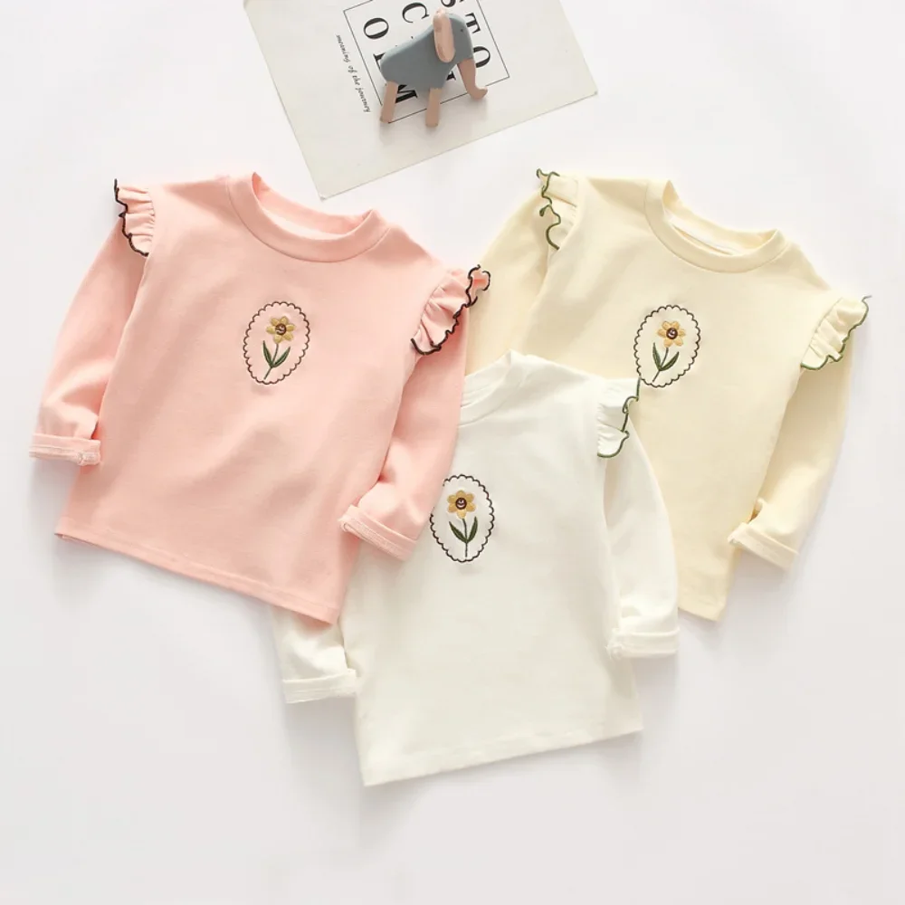 2024Autumn New Cute Girls' Top Beige Casual Cartoon Rabbit Decal Fly Sleeve T-shirt Simple Long Sleeved Spring Children Clothing