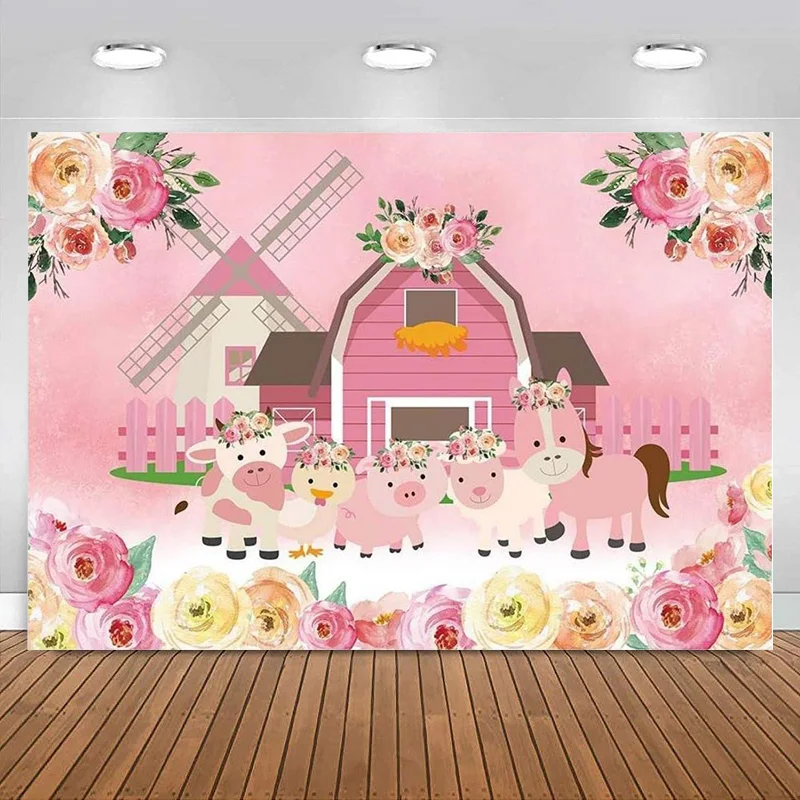 

Cartoon Farm Animals Party Backdrop Pink Barn Girl Baby Shower Birthday Photography Background Rustic Scenic Banner Decoration