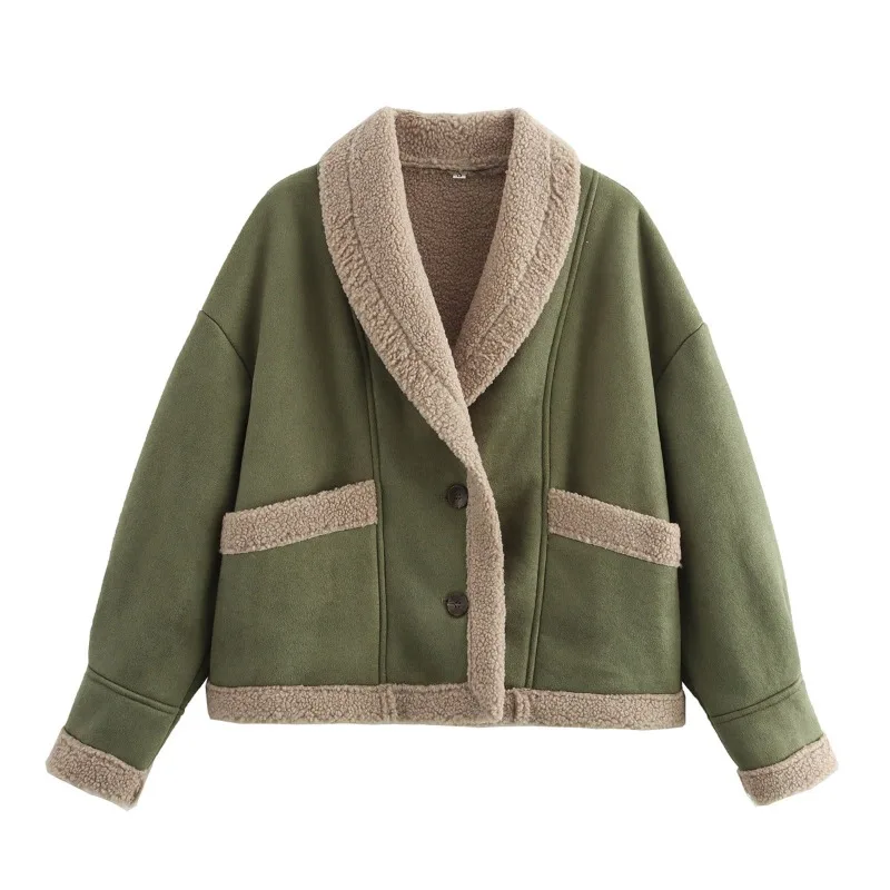 Spliced Vintage Green Lapel Sheepskin Jacket Winter Women Single Breasted Moto Biker Fashion Pocket Streetwear New in Outwears