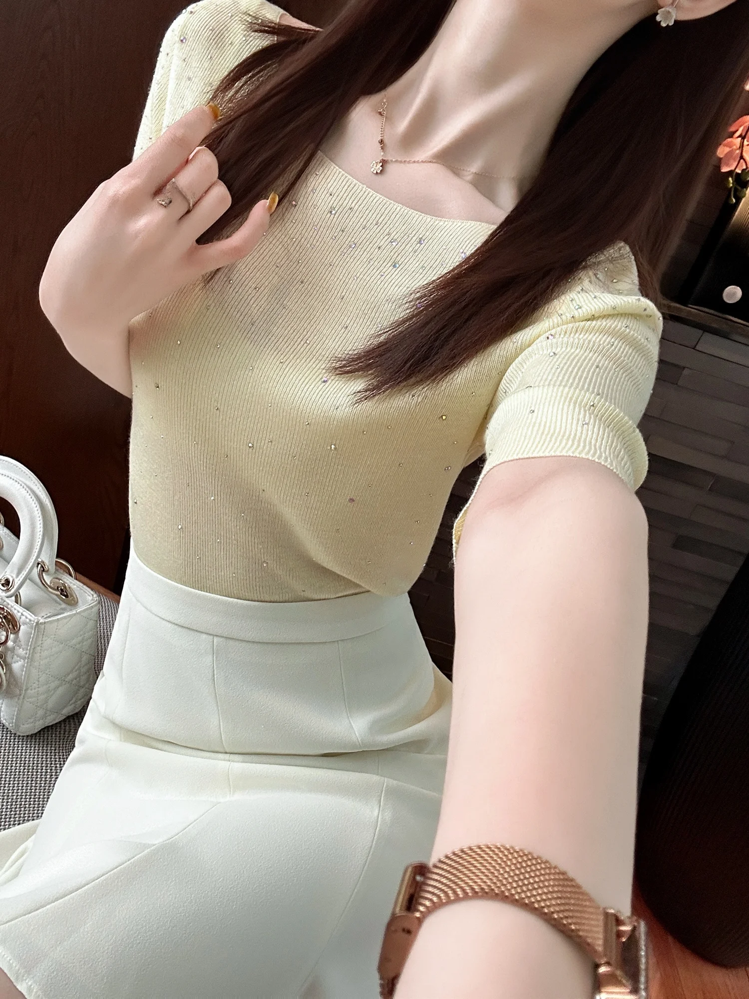 

Elegant Knitted Top in Creamy Yellow with Subtle Shimmer Effortless Chic Style Women's Fashion Spring Season Regular Fit Shor...