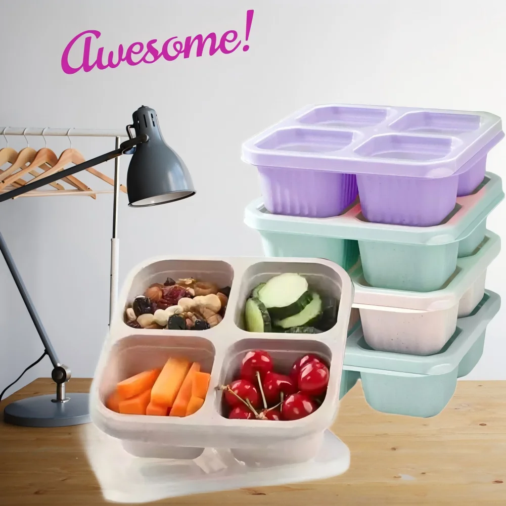 

4 Grid Snack Containers Reusable Meal Prep Lunch Containers Portable for Kids and Adults Home Snack Storage Bottles Kitchen Tool