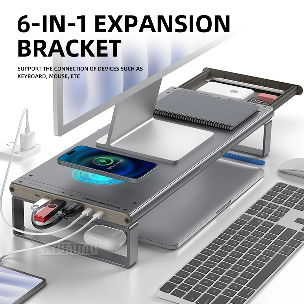 support-d'ecran-6-en-1-avec-hub-usb-c-hdmi-rg45-en-aluminium-tiroir-de-rangement