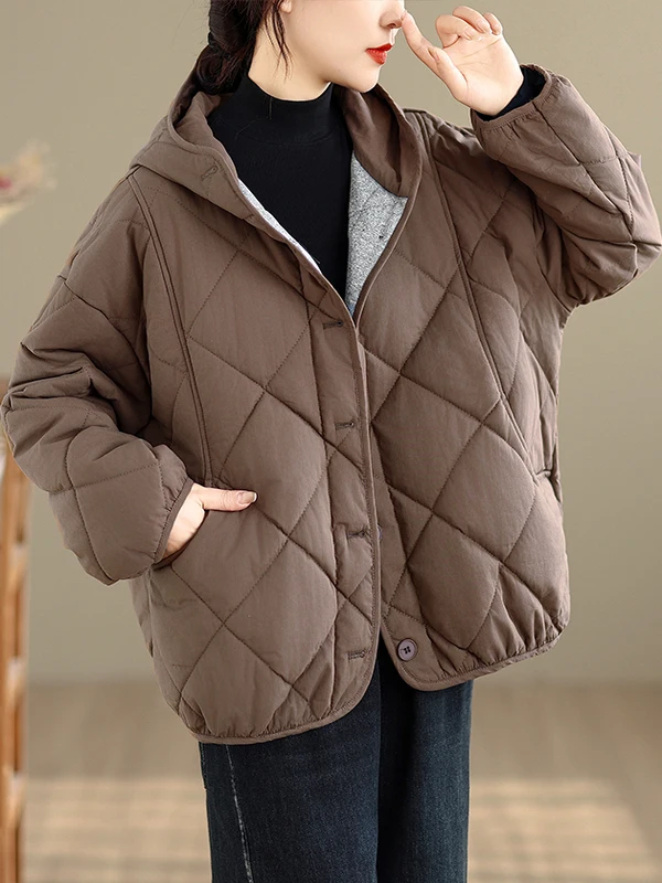 Retro Diamond Pattern Warm Hooded Cotton Jaet Women's Winter Lightweight Large Size Cotton Filled ort Thiened Cotton Coat