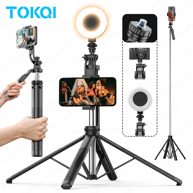 TOKQI C19 Selfie Stick Tripod Phone Holder Extendable Quadrapod with 1/4'' Screw for CellPhone Camera 360° Shooting, with Remote