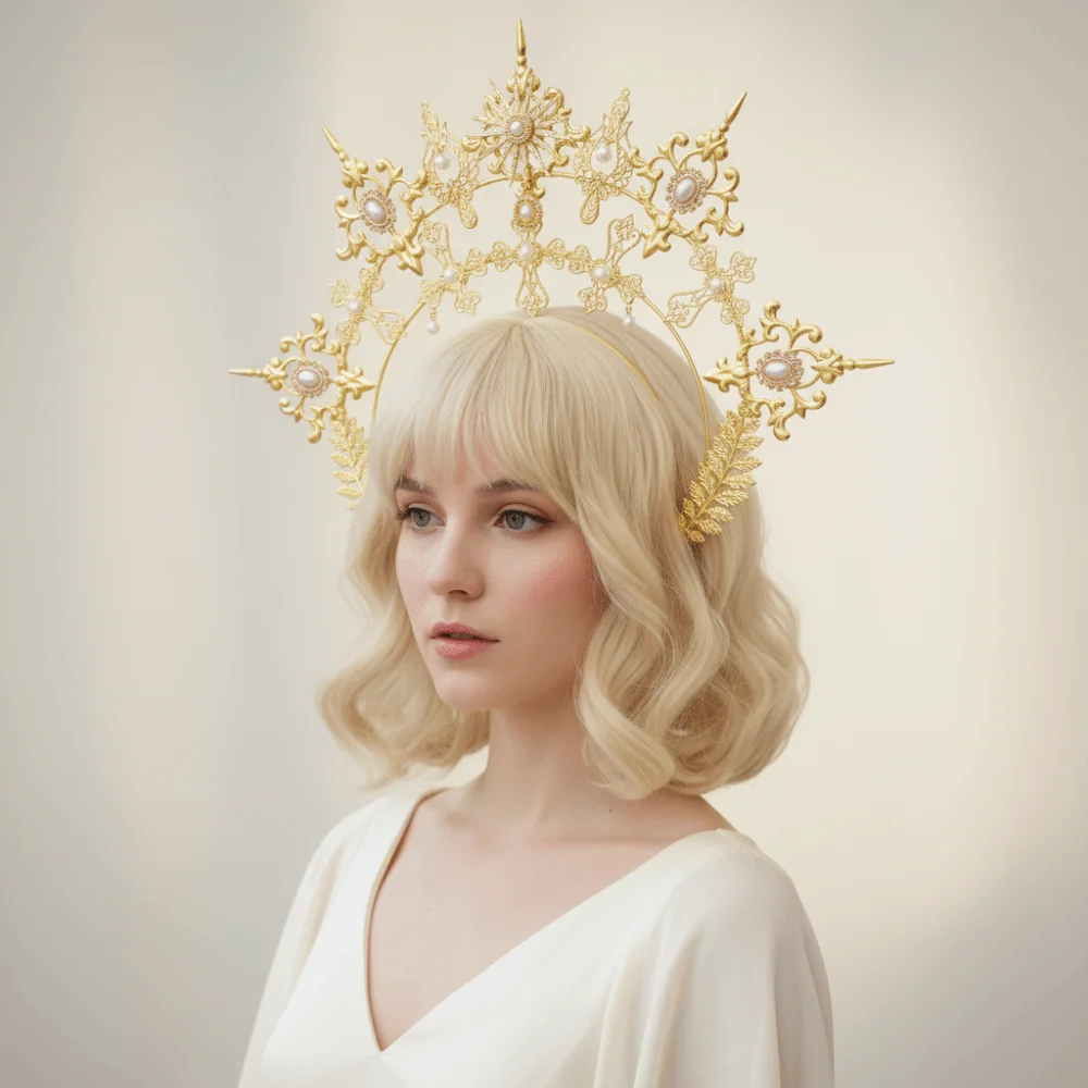 Gold Plated Sun Goddess Crown Faux Pearl Inlaid Metallic Alloy Material Baroque Tiara Headband Exquisite Cross Details