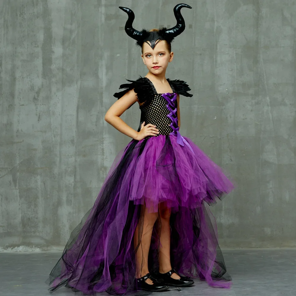 Kinder-Federkleid mit Schulterverzierungen, Gothisches Kleid für Mädchen, Lila-Schwarzes Netz-Tüllkleid für Halloween-Verkleidungspartys – Detail 7
