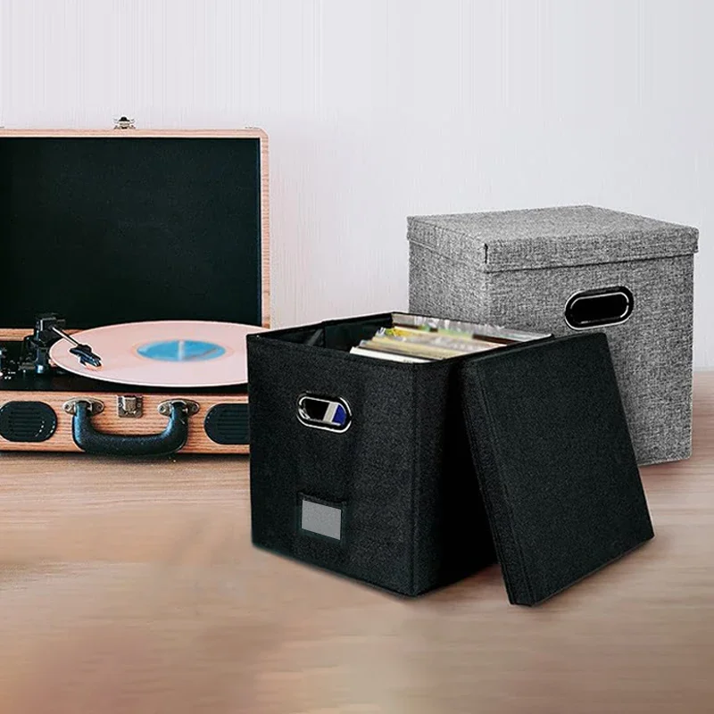 

33x33x33cm Vinyl Record Storage Box Vinyl Record Case for Lp Album Storage Linen Fabric Storage Crate Cube Bins with Lid