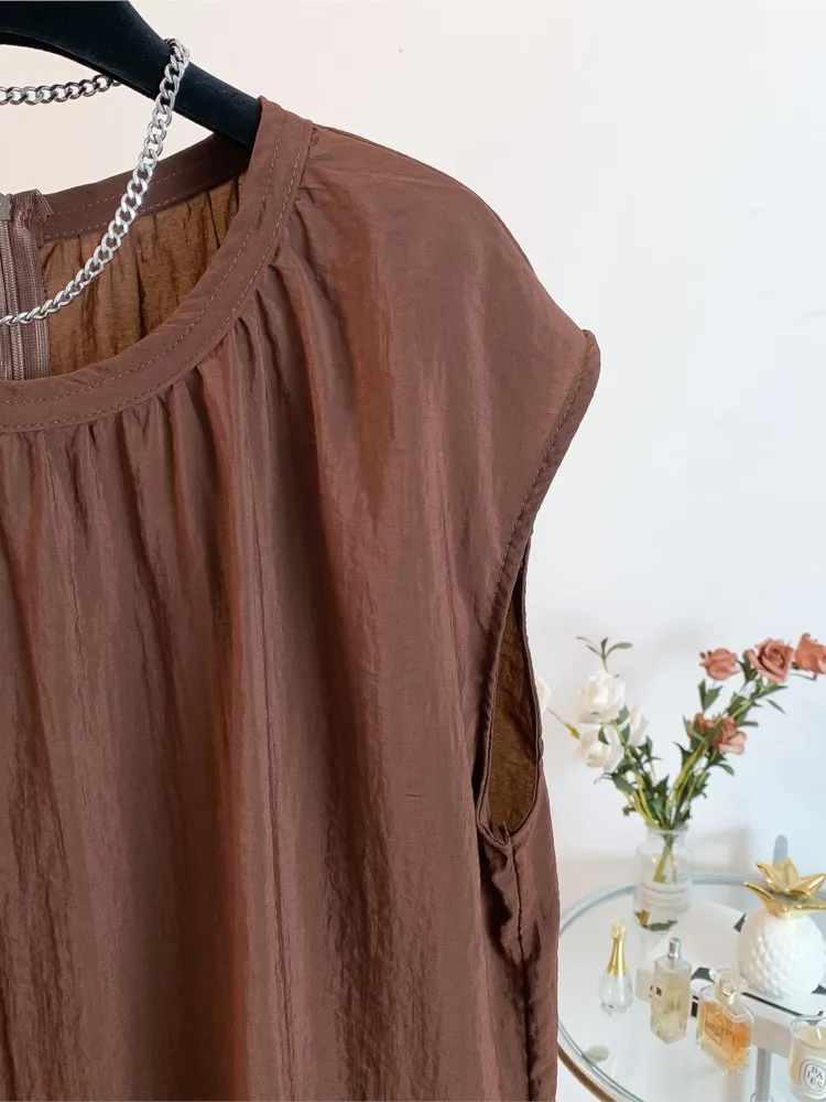 Summer Women Pleated Shirt Vest Back Hollow Out Belted Lazy Cotton Sleeveless Round Neck Pure Color Ladies Tops