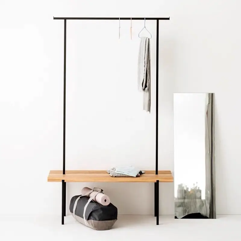 Entrance shoe change stool hanger integrated floor bedroom solid wood plus wrought iron creative coat rack home Nordic