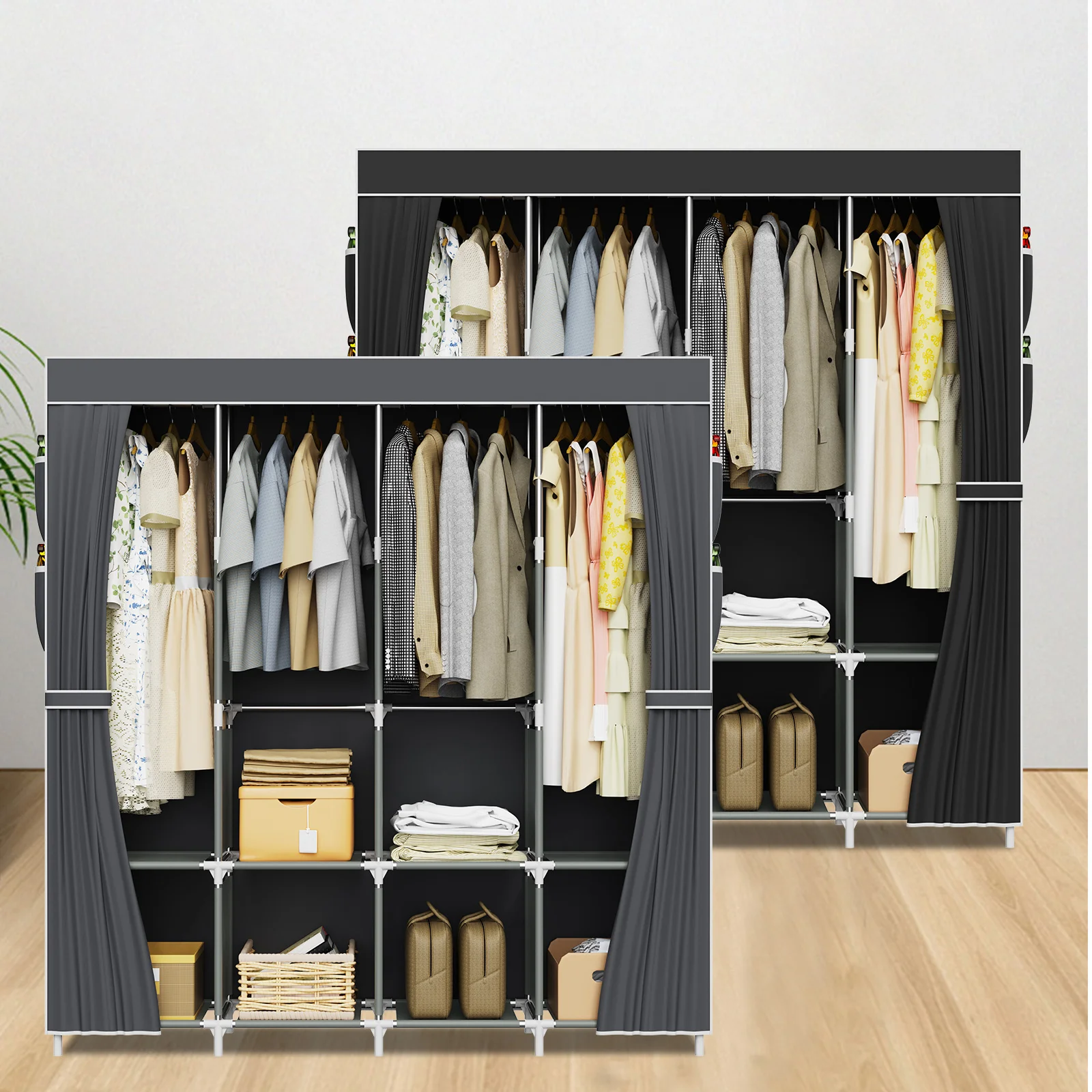 Portable Fabric Canvas Wardrobe Clothes Storage Hanging Rail Shelving Cupboard Ample Space Durable Construction