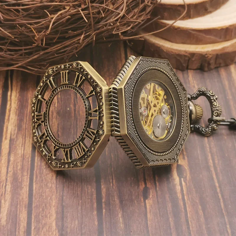 Orologio da tasca meccanico da uomo vintage con vibrazione scavata Orologio da polso meccanico a carica manuale con quadrante poligonale unico cavo