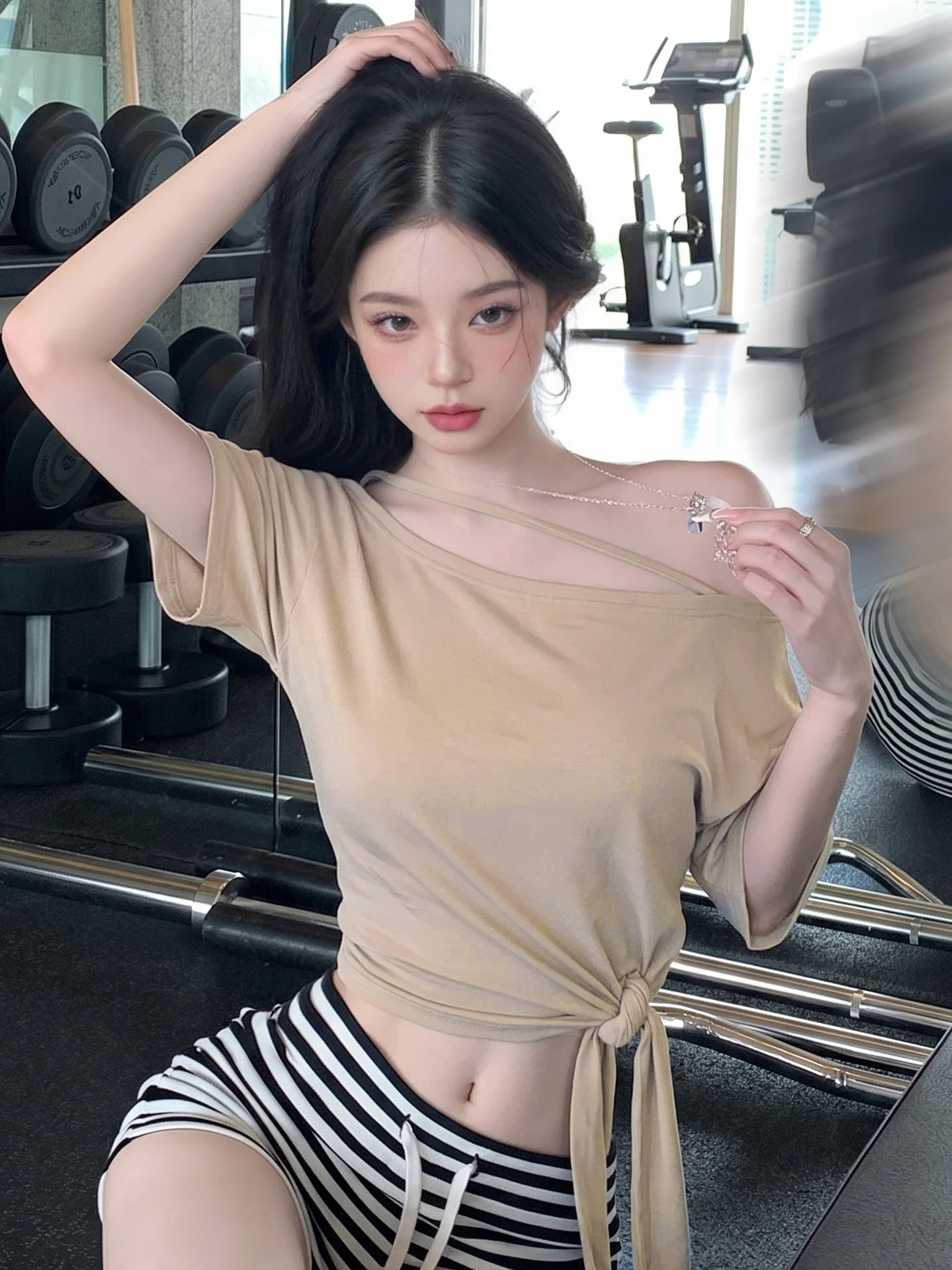 

Korean Style Hot Girl Asymmetrical Belted Short Sleeve T-Shirt Women Summer Loose Slimming Short Top City Walk Casual Wear