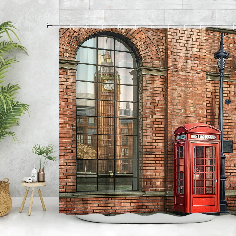 Urban Building Shower Curtain, Vintage Paris Tower Big Ben Street Scenery Red Phone Booth Plant Flower Polyester Bathroom Decor