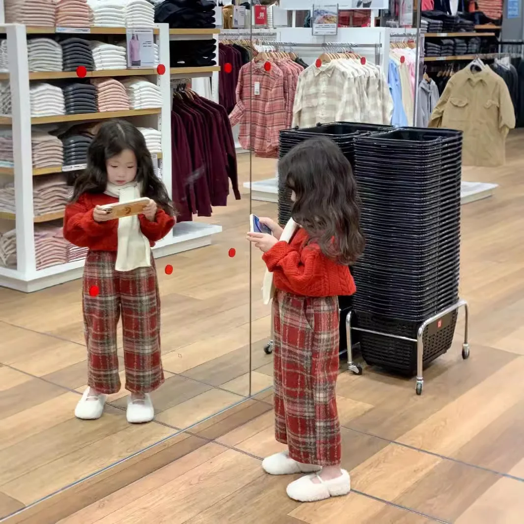 Girls Suit 2024 Autumn New Childrens Clothing Korean Style Baby Girl Retro Sweater Red Gingham Pants Two-piece Set Casual image 3
