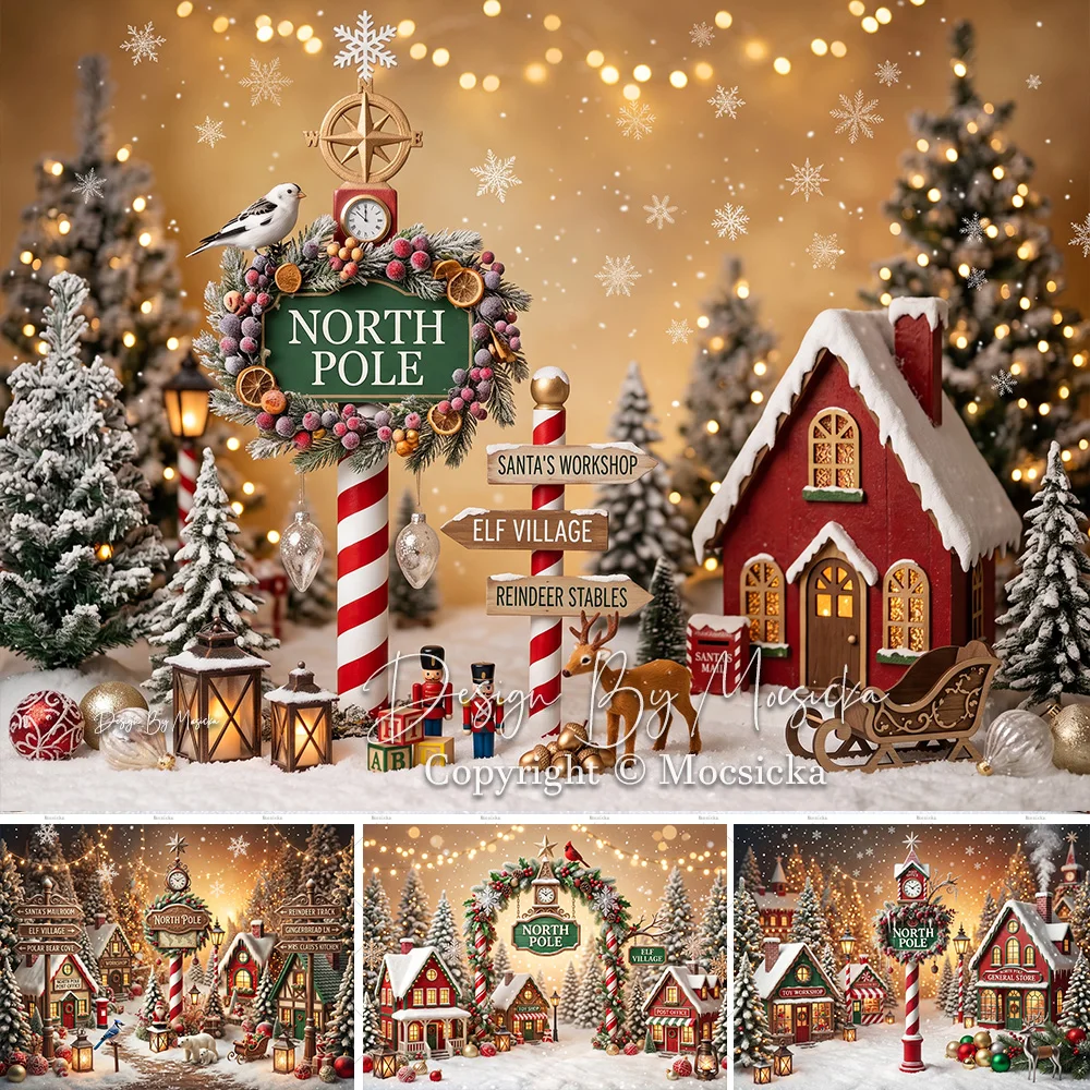 Mocsicka Backdrop Photography Christmas North Pole Village Santa Workshop Sleigh Reindeer Snowy Forest Background Photo Studio
