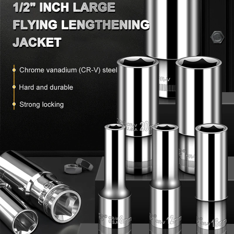 WYNN'S 1/2" Long Impact Socket 8 to 32mm Drive Wrench Socket Head Cr-V Steel for Pneumatic Electric Wrench Drill Metric Hex Tool