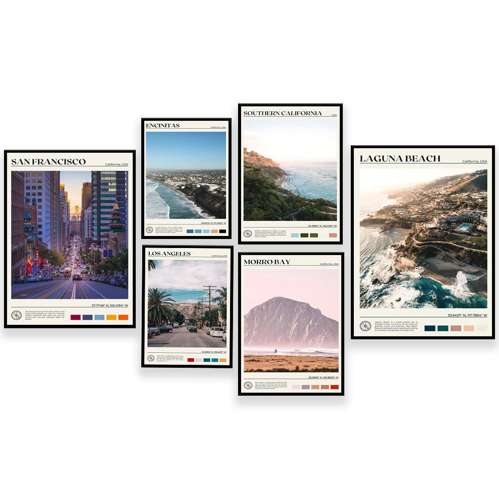 Póster de viaje de Encinitas California, Santa Bárbara, Napa Valley, Laguna Beach, Malibu, California del Sur, San Francisco EE. UU.