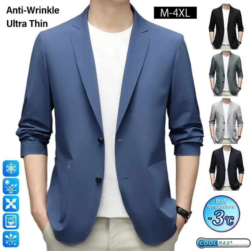 Anti-Wrinkle Ultra Thin Ice Silk Suit Jacket Summer men blazer Breathable Stretch Casual Suit 4XL Plus Size Lightweight blazers