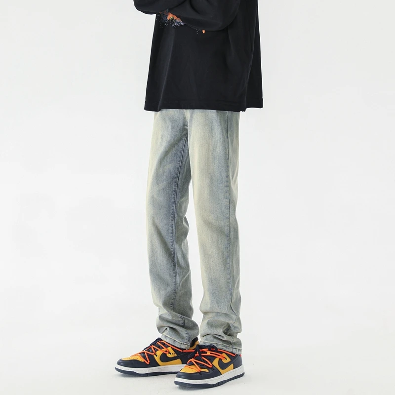 

Waed Yellow Mud Men's Slim Straight Jeans Spring Autumn Thin American Street Sle Casual Wear Resistant Micro Stretch