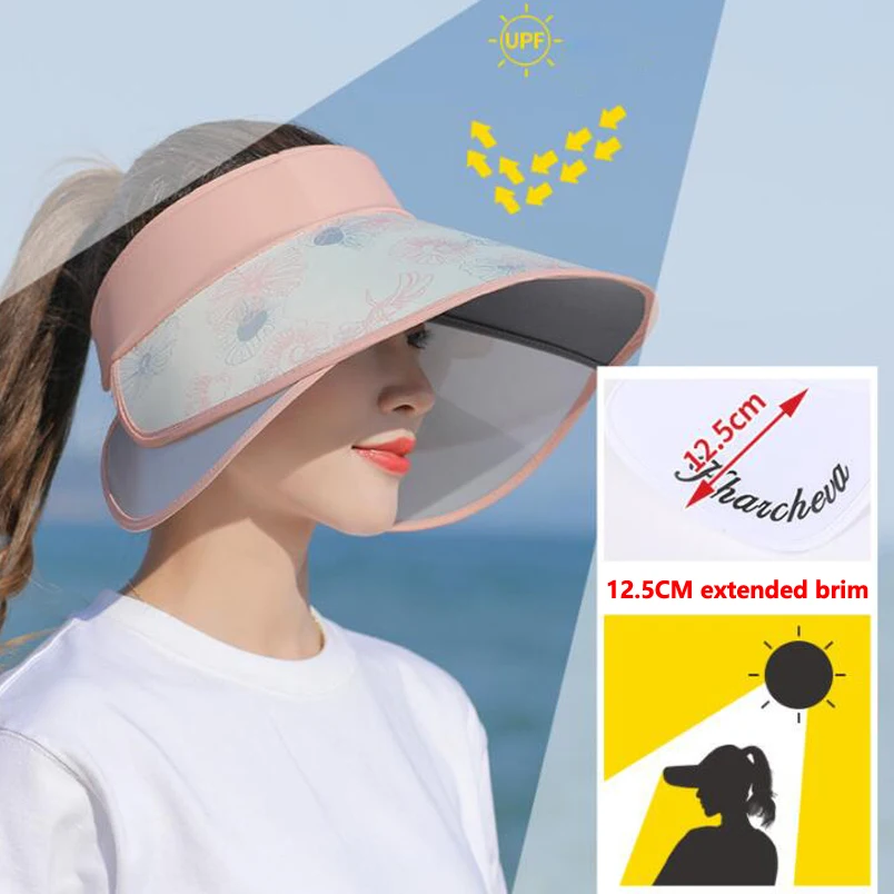 Summer Women Bucket Hats Outdoor UV Protection Visors Pull-out Enlarged Brim Empty Top Hat Korean Flower Big Brim Sun Hat Beach