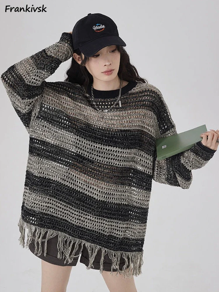 

Striped Sweaters Women Hollow Out Tassel Spring Summer Vintage Slouchy Knitwear Casual American Style Sexy Hotsweet Long Sleeve