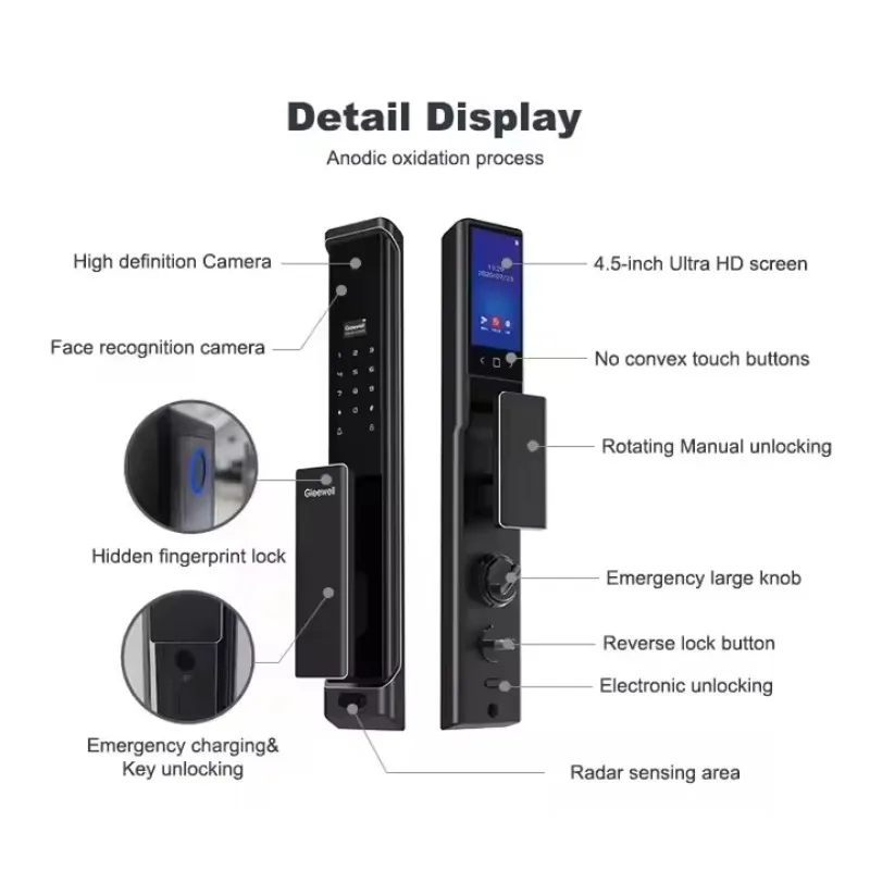 

Интеллектуальный дверной замок Tuya с управлением через приложение, 3D-распознаванием лиц, HD-камерой, отпечатком пальца, паролем, ключом и электрической интеллектуальной разблокировкой
