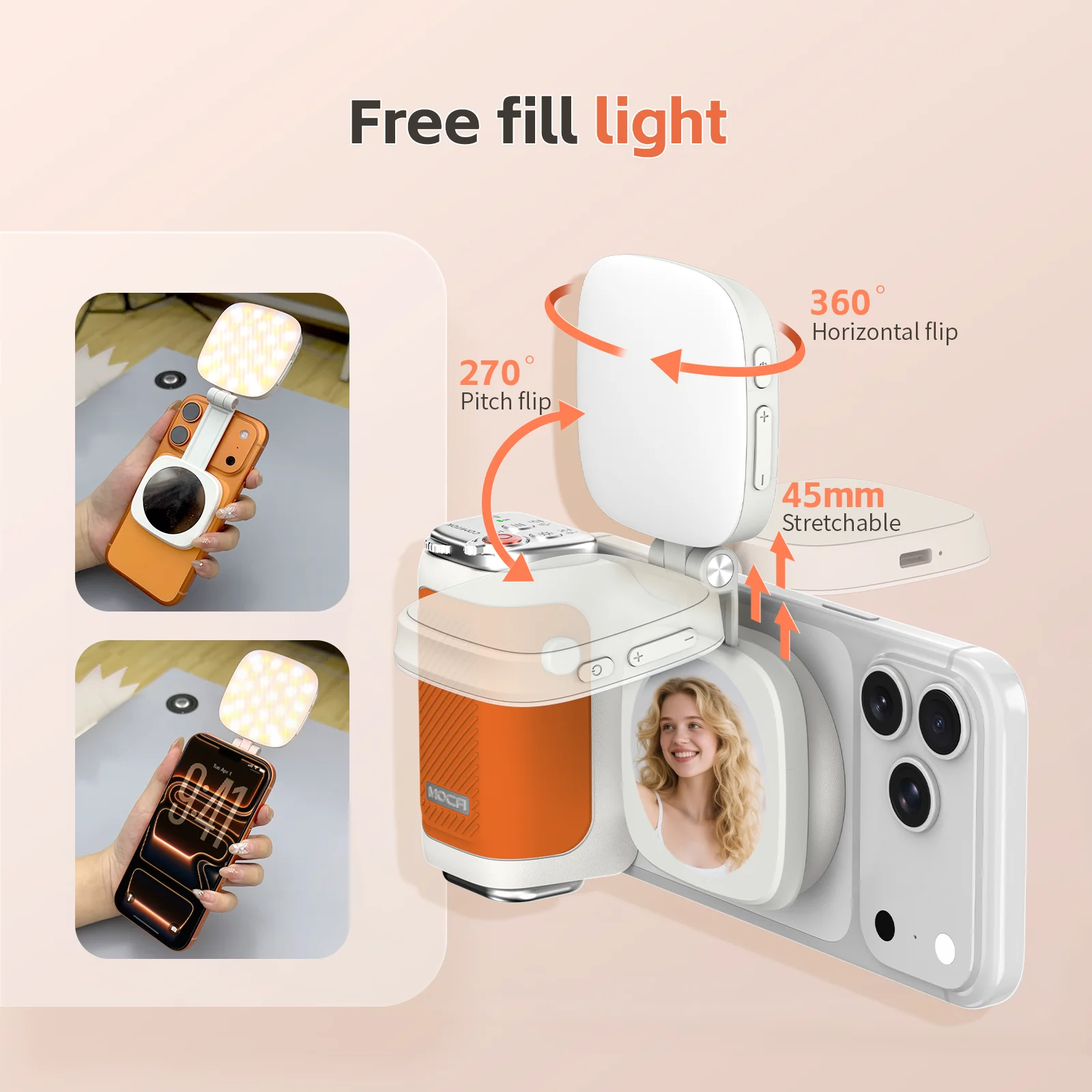 مساعد كاميرا iPhone COMITOK MOCA، قبضة مصراع قابلة للطي بعدسة نقرة واحدة/جهاز تحكم عن بعد للشحن قابل للفصل + ضوء ملء اختياري/مرآة