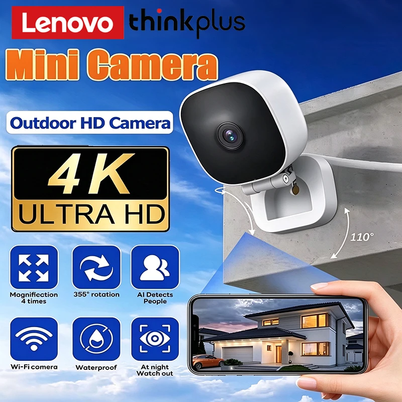 Lenovo ThinkPlus 4K HD Mini WiFi Camera Night Vision Indoor Outdoor Security Camera SD Card Motion Detection Smart Remote View