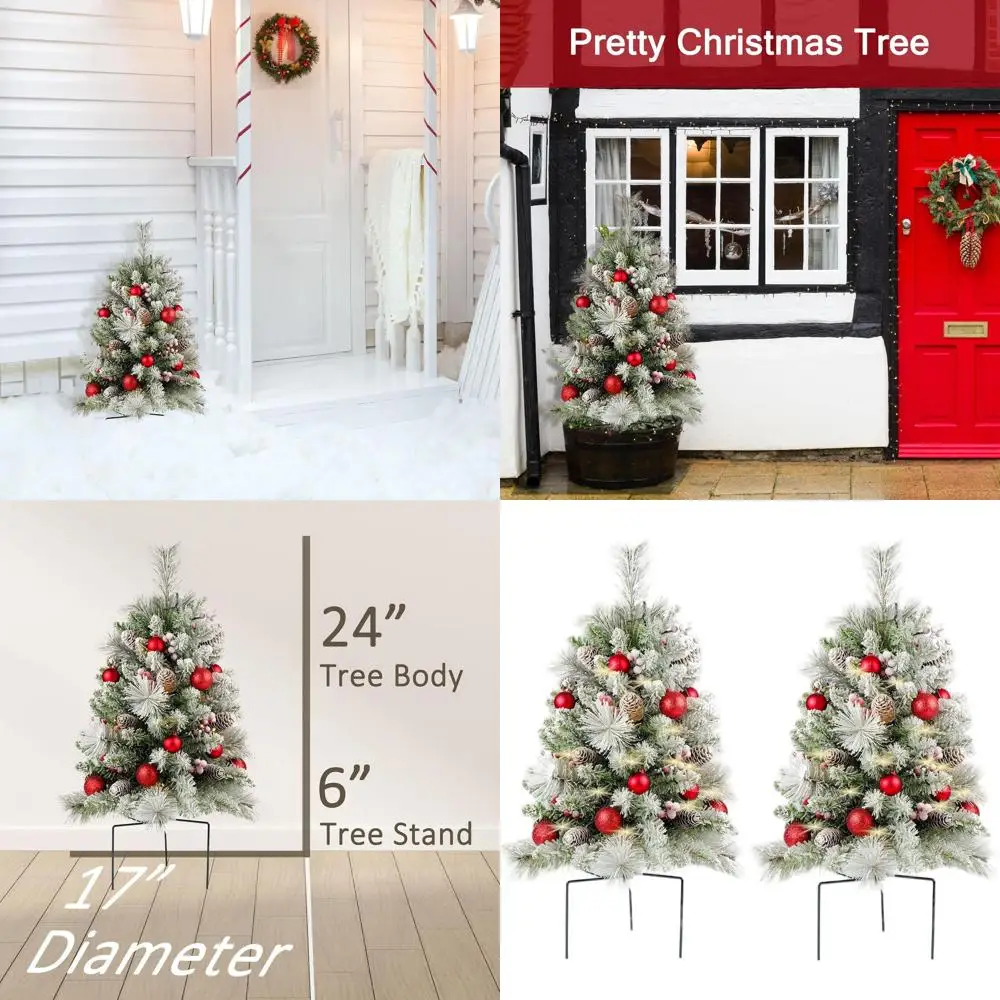 

Набор из 2 флокированных рождественских елок с предварительной подсветкой, уличный декор на батарейках с красными ягодами и сосновыми шишками для дорожек, крыльев