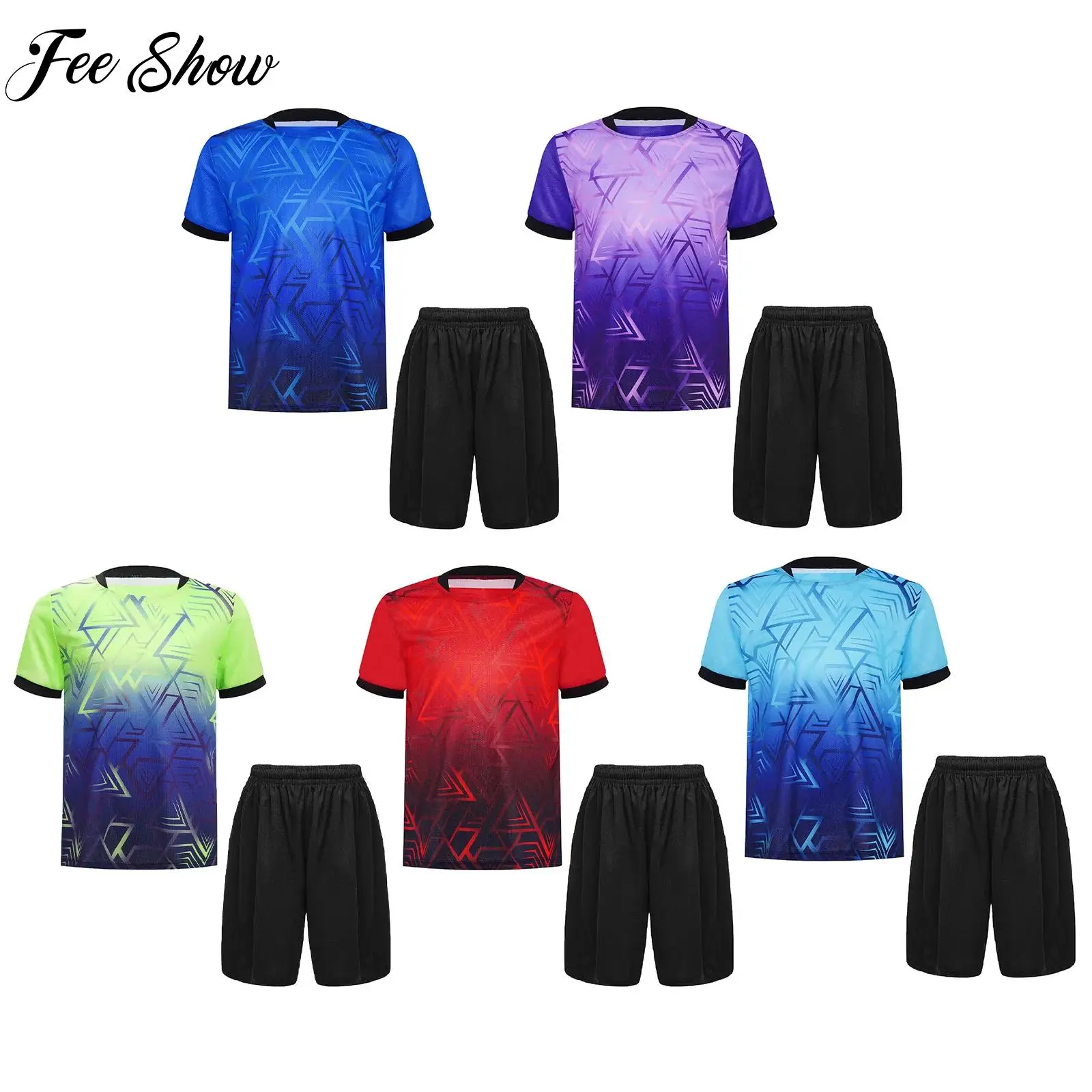 

Quick-drying Sports Set for Kids Boys Football Uniform Round Neck Short Sleeve Stylish Geometric Print T-shirt with Shorts Suits